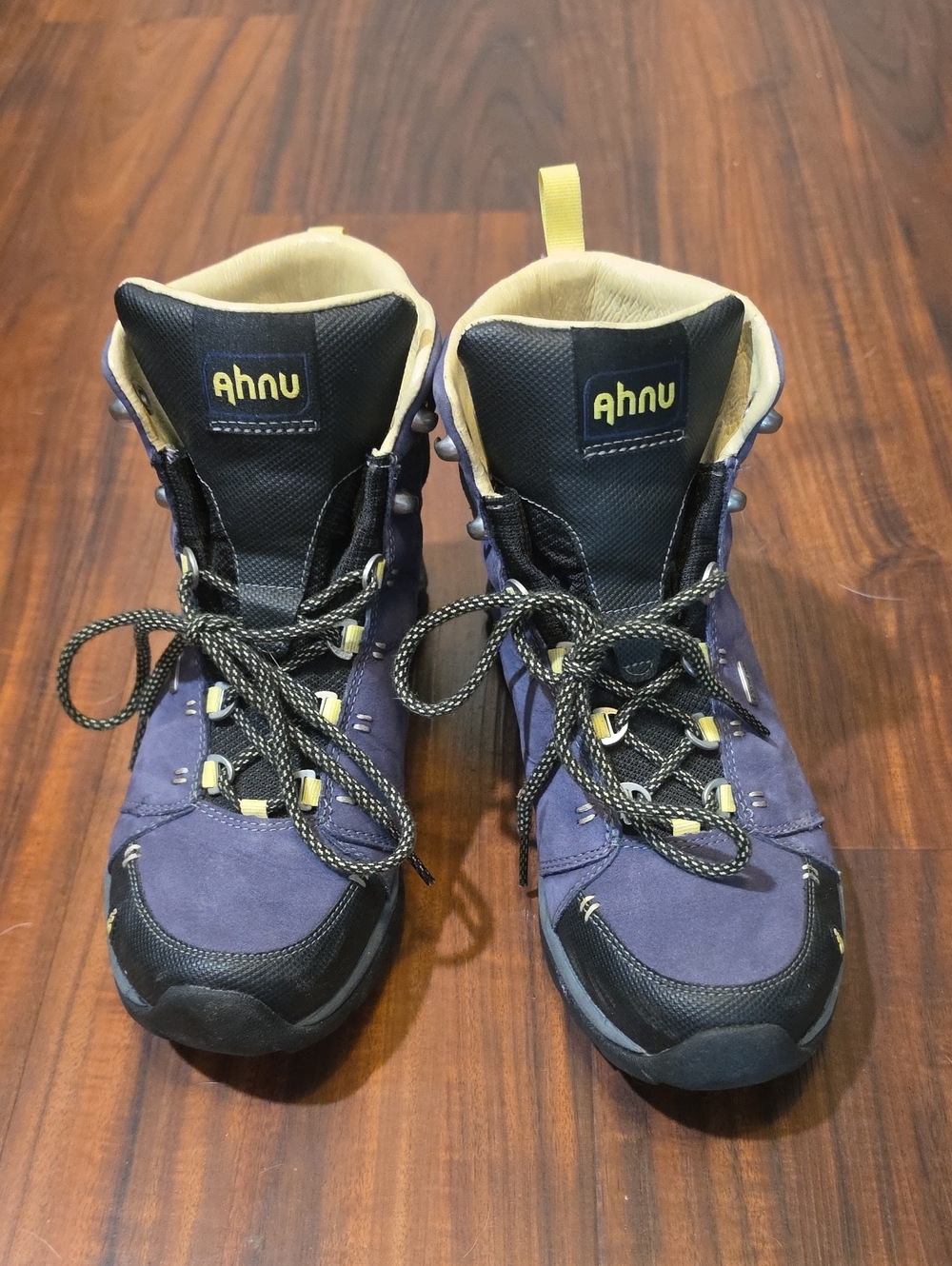 Ahnu Womens Navy Purple and Black Hiking Boots with Yellow Accents